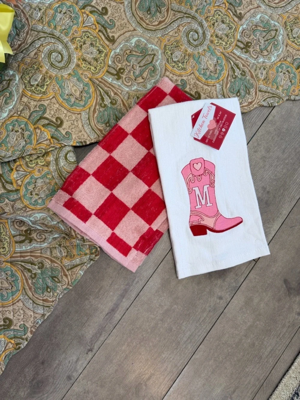New Boutique Western Kitchen Towel Set ‘M’ Monogram Cowboy Boot/Checkered Cotton